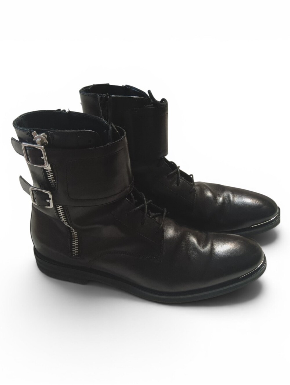Alexander McQueen Black Leather Lace-Up Ankle Boots with Buckle Straps